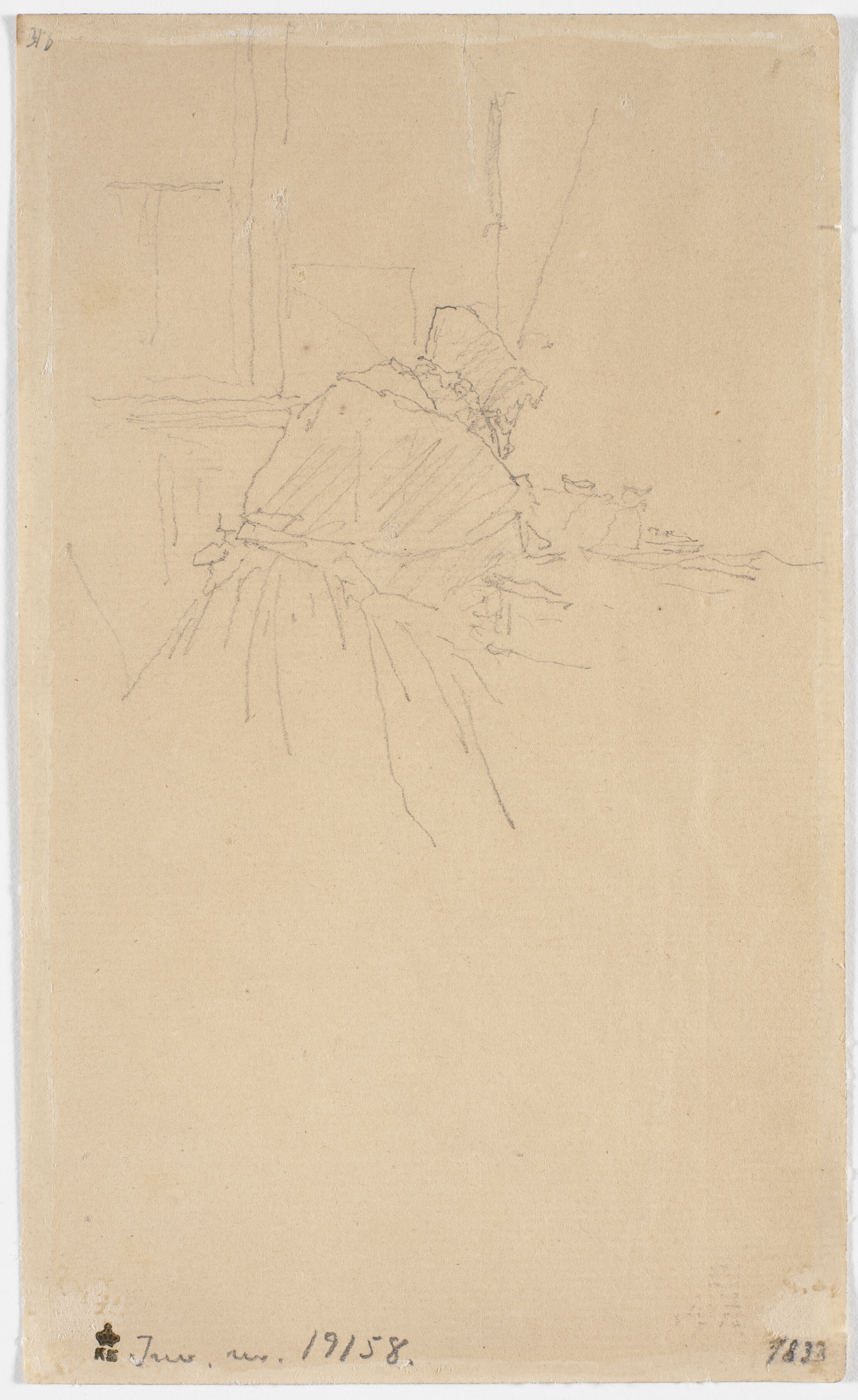 Gammel kone (kunstnerens moder) siddende ved et bord, set bagfra